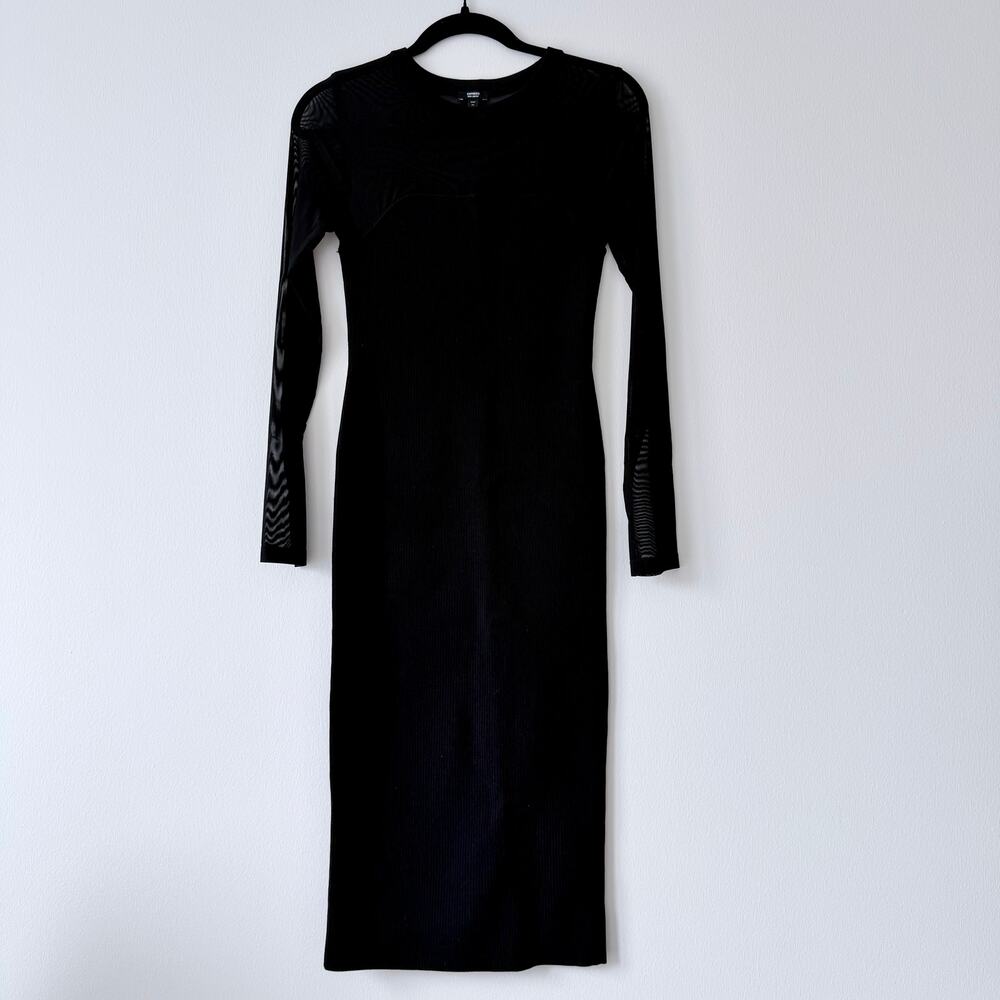 Express Body Contour Mesh Crew Neck Long Sleeve Midi Dress – Black